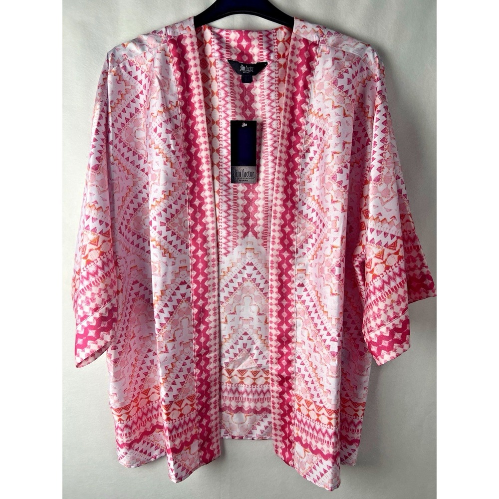 Slim Factor by‎ Investments Size Plus 3X Open Front Short Sleeve Kimono Pink A34